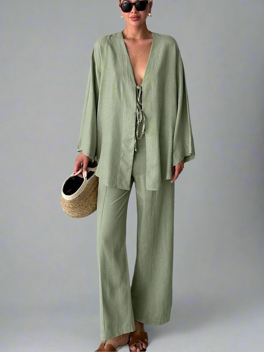 Aynaray Women Autumn Winter 2024 Holiday Solid Pant Set Suits Outfits Loose Long Sleeve 2 Two Piece Matching Suit For Women
