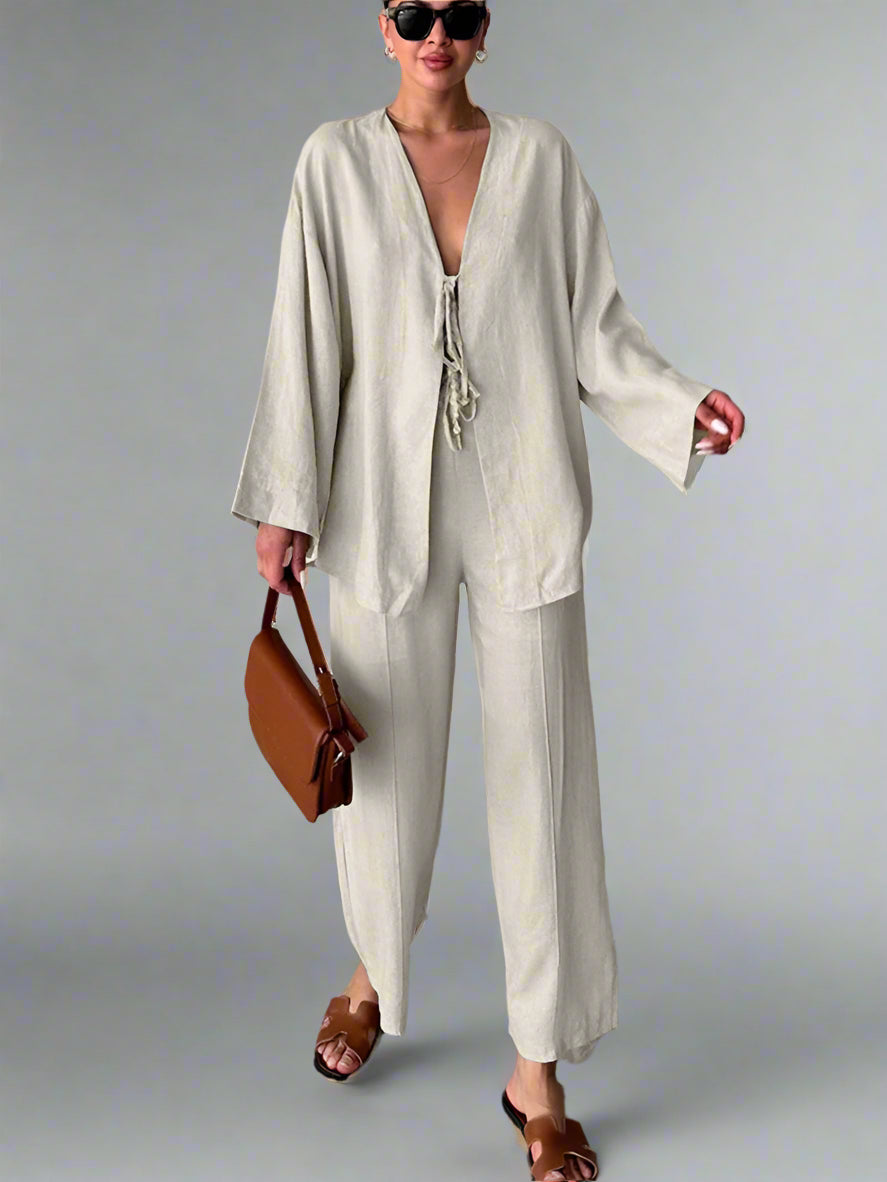 Aynaray Women Autumn Winter 2024 Holiday Solid Pant Set Suits Outfits Loose Long Sleeve 2 Two Piece Matching Suit For Women
