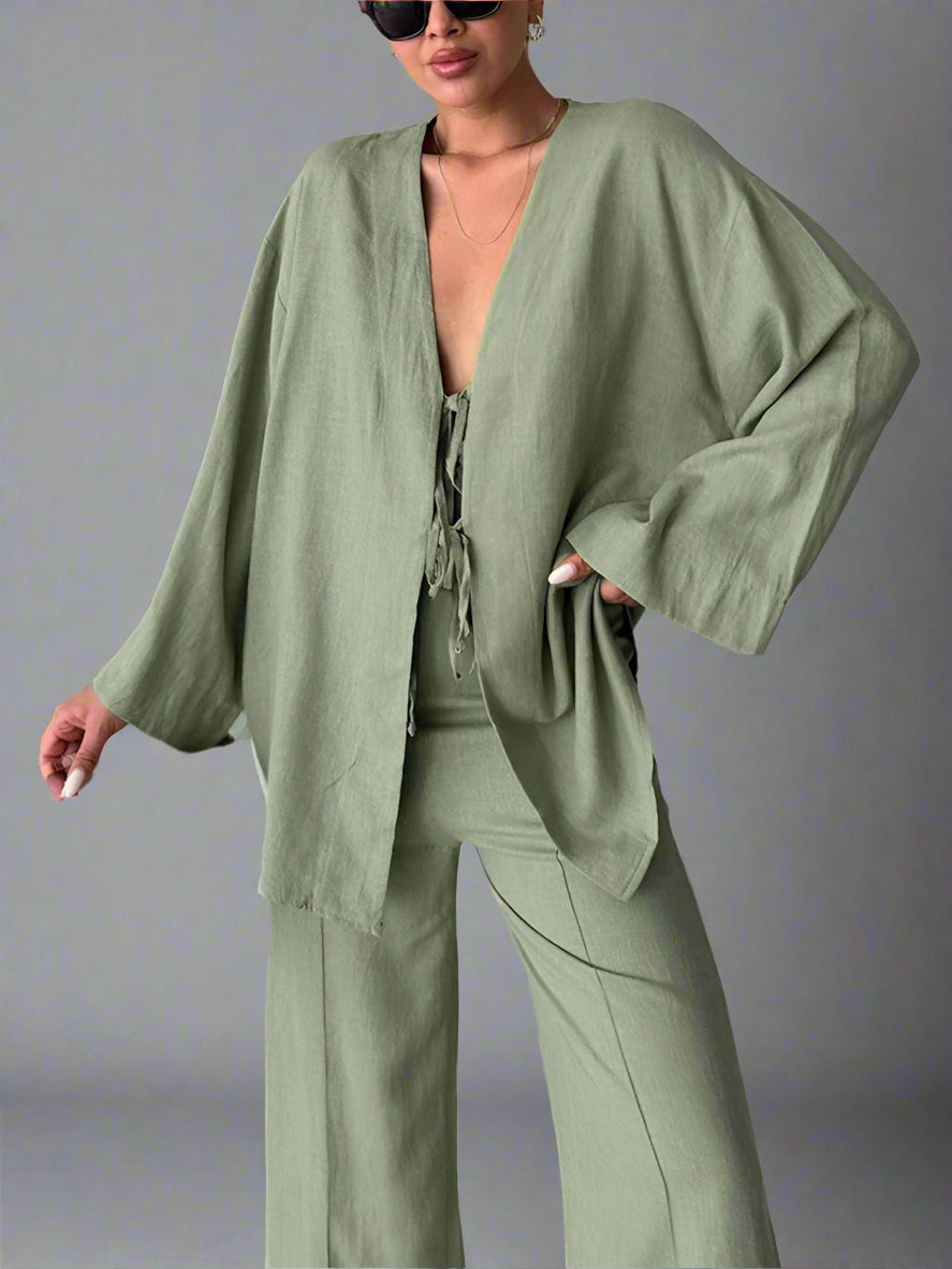 Aynaray Women Autumn Winter 2024 Holiday Solid Pant Set Suits Outfits Loose Long Sleeve 2 Two Piece Matching Suit For Women