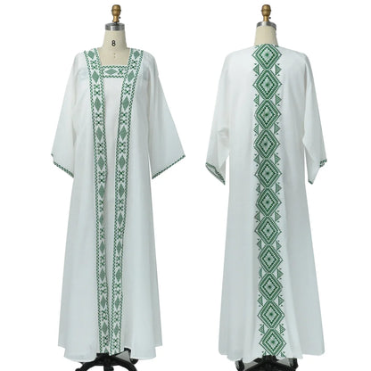 Ruman Elegant White Abaya with Green Embroidery - Premium Quality Cloth for Timeless Style & Comfort